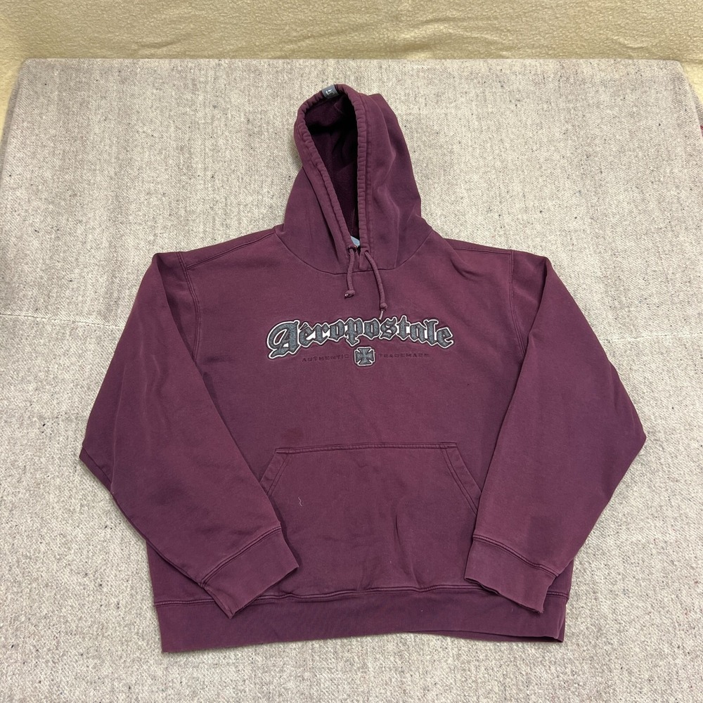 Vintage Aeropostale Hoodie Men Largeβ Maroon 2000s Embroidered Pullover